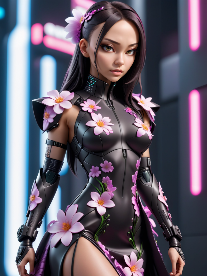 Techwear fashion beautiful woman wearing a long flower dress, <lora:xl_flower_dress-1.0:0.8> . Futuristic, cyberpunk, urban, tactical, sleek, dark, highly detailed