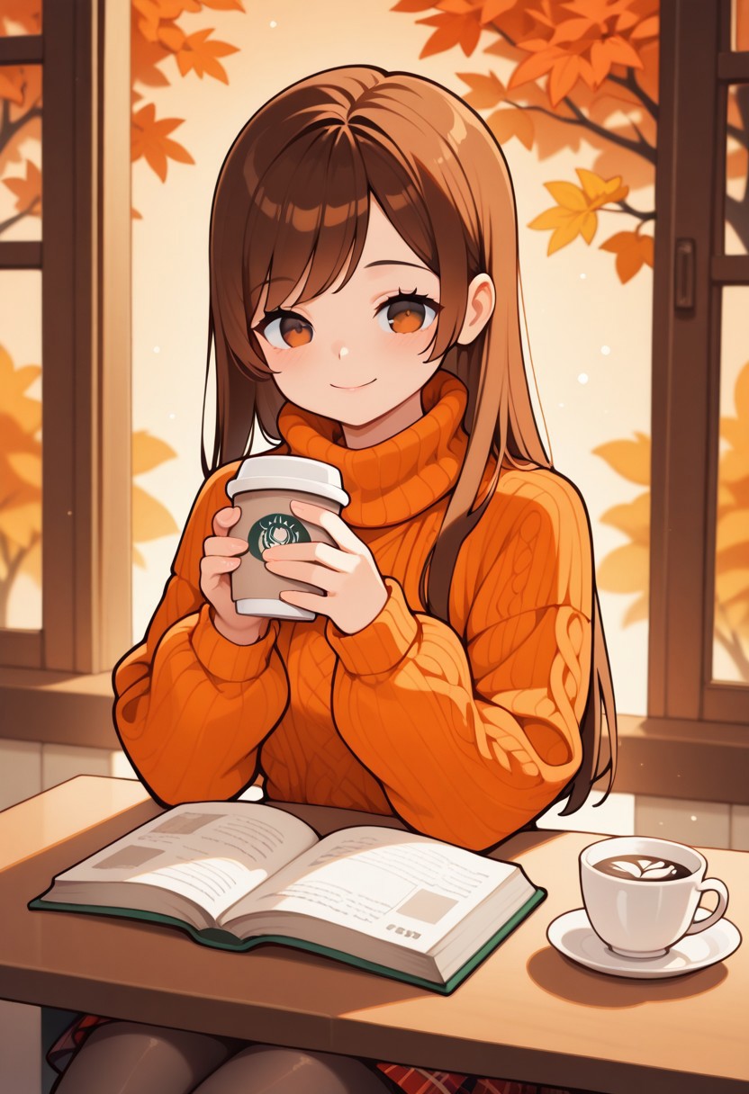 ghelber-bari, shoulder-length brown hair, straight hair, side-swept bangs, hazel eyes, warm smile, cozy sweater, oversized turtleneck, long sleeves, plaid skirt, black tights, sitting at café table, holding coffee cup, open book on table, blurred background, soft lighting, sunlit window, bokeh effect, warm ambiance, autumn colors, relaxing atmosphere, cinematic framing