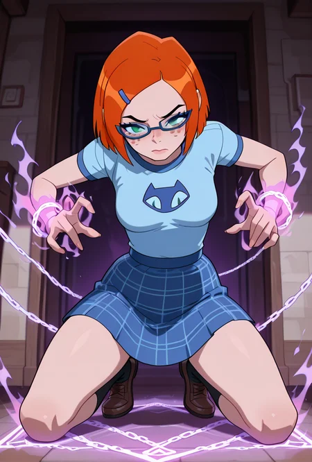 <lora:gwennerd-10:1> gwennerd, 1girl, solo, medium breasts, glasses, orange hair, short hair, hairclip, blue-framed eyewear, blue shirt, short sleeves, freckles, blue skirt, plaid skirt, green eyes, <lora:hold_person-_magic_:1> Hold_person, aura form body , square magic, chain, magic chain, crouching, masterpiece, best quality, amazing quality, very aesthetic, absurdres, newest,