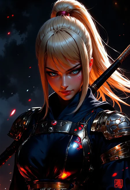 Masterpiece. A close-up digital artwork in mythp0rt anime style featuring a lone female ninja samusaran her long blonde flowing ponytail hair floats behind her. She stands in a fierce combat stance, holding a spear on her shoulder. The spear glow in a dim red light. Her blue eyes lock onto the viewer with an unwavering, piercing gaze and a confident smile.
The dark and moody background adds a dramatic tone, with subtle lighting highlighting metallic surfaces. A cosmic aura surrounds her, as if she’s standing on the edge of a galaxy. High-res, semi realistic, best quality, intricate details, ultra details, good lighting, vibrant colors, very detailed, octane render, ray tracing. mythp0rt