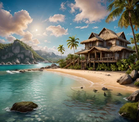 RAW photo, (masterpiece:1.3), subsurface scattering, heavy shadow, (high quality:1.4), (intricate, high detail:1.2), professional photography, HDR, High Dynamic Range, realistic, ultra realistic, photorealistic, high resolution, film photography, ambient lighting, atmospheric effects, <lora:detail_slider_v4:2>, OverallDetail,  <lora:Beach:1>, beach, blue sky, cloud, house, island, rocks, nature, ocean, outdoors, plant, scenery, sky, sun,