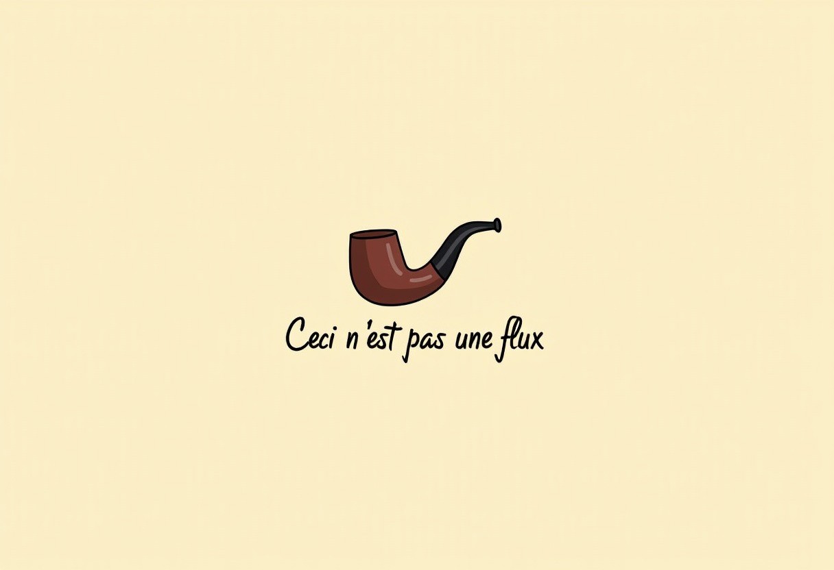 hawkbill pipe against a plain beige background, underneath the pipe in cursive script  "Ceci n'est pas une flux"