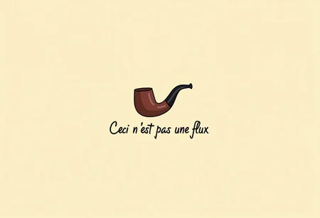 hawkbill pipe against a plain beige background, underneath the pipe in cursive script  "Ceci n'est pas une flux"