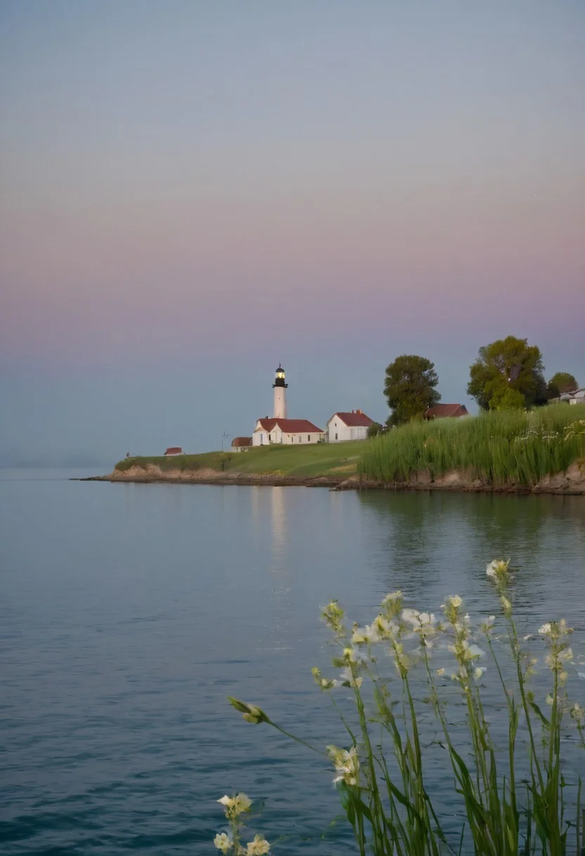 View from the water to the island with the lighthouse, seen from afar. Early morning, slight fog, view from the boat of a large beautiful lighthouse, the lighthouse stands on a small island, on this island grass grows and many very beautiful flowers. Skies clear, very few cirrus clouds visible. View from a wooden boat, which is located on the water not very far from the lighthouse. beautiful little birds fly near the lighthouse, beautiful water.
