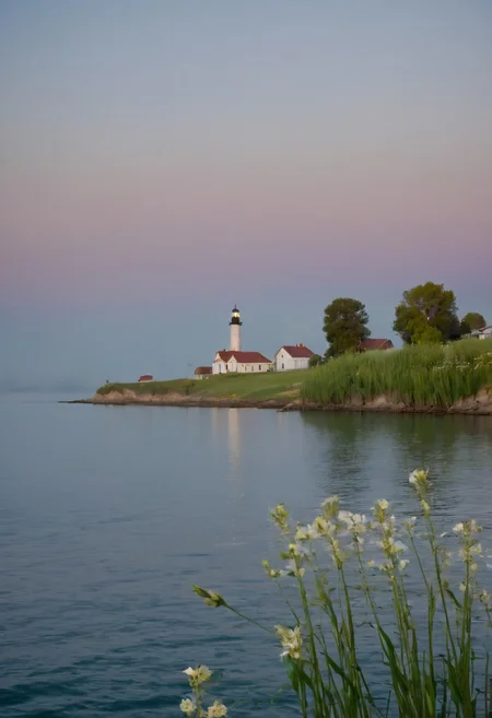 View from the water to the island with the lighthouse, seen from afar. Early morning, slight fog, view from the boat of a large beautiful lighthouse, the lighthouse stands on a small island, on this island grass grows and many very beautiful flowers. Skies clear, very few cirrus clouds visible. View from a wooden boat, which is located on the water not very far from the lighthouse. beautiful little birds fly near the lighthouse, beautiful water.