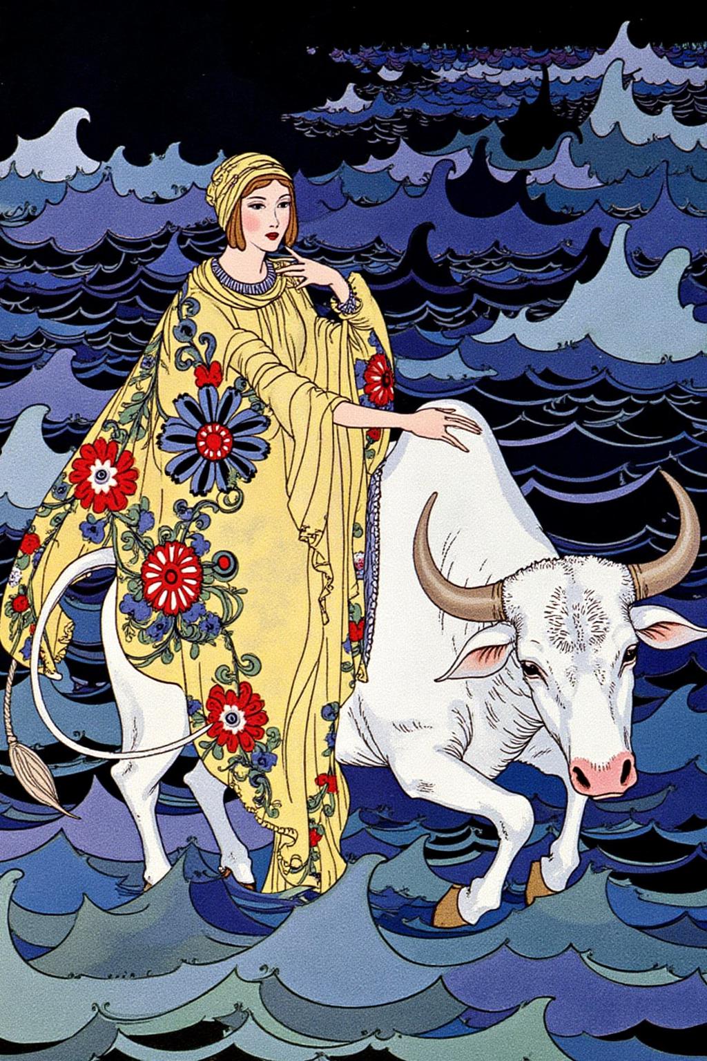 sterrett1 color illustration.
A scene from ancient Greek mythology.
A woman is riding a large, white bull in a turbulent sea. She is dressed in a flowing yellow robe adorned with large, colorful floral patterns in shades of red, blue, and green. She wears a matching, flowing headdress that cascades down her back.
 <lora:sterrett1_cap_d6a3e8:1.0><lora:837016193433981729:0>