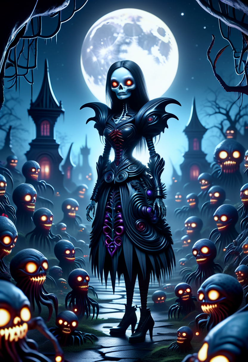 hyper detailed masterpiece, dynamic realistic digital art, awesome quality,DonMX3n0XL,moonlit graveyard, nightmarish, haunted dolls, full moon,zombie ambiance lighting, creepy doll art, organic  xeno biology , eerie glow <lora:DonMX3n0XL-000008:0.8>