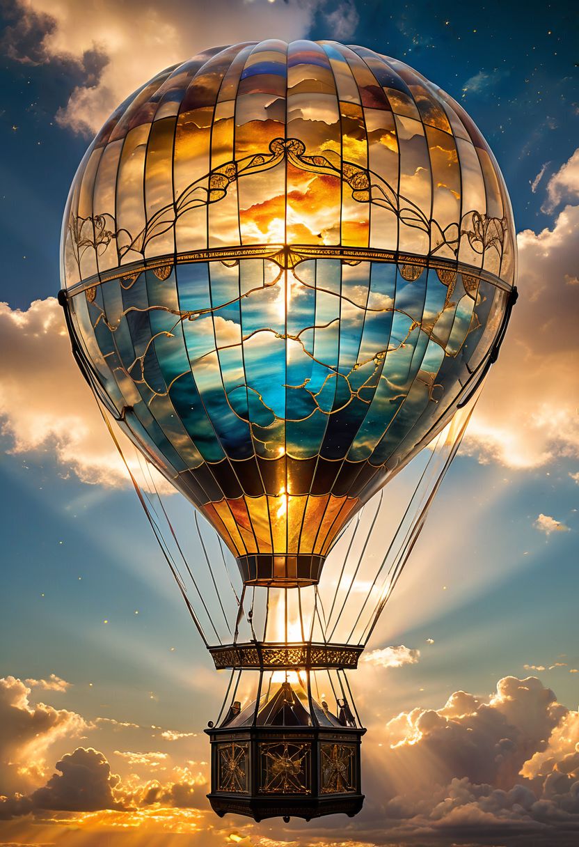 colossal stained glass hot air balloon, intricate design, vibrant celestial map, constellations reflected on clouds, sunbeams piercing stained glass, ethereal atmosphere, wispy clouds, soft golden light