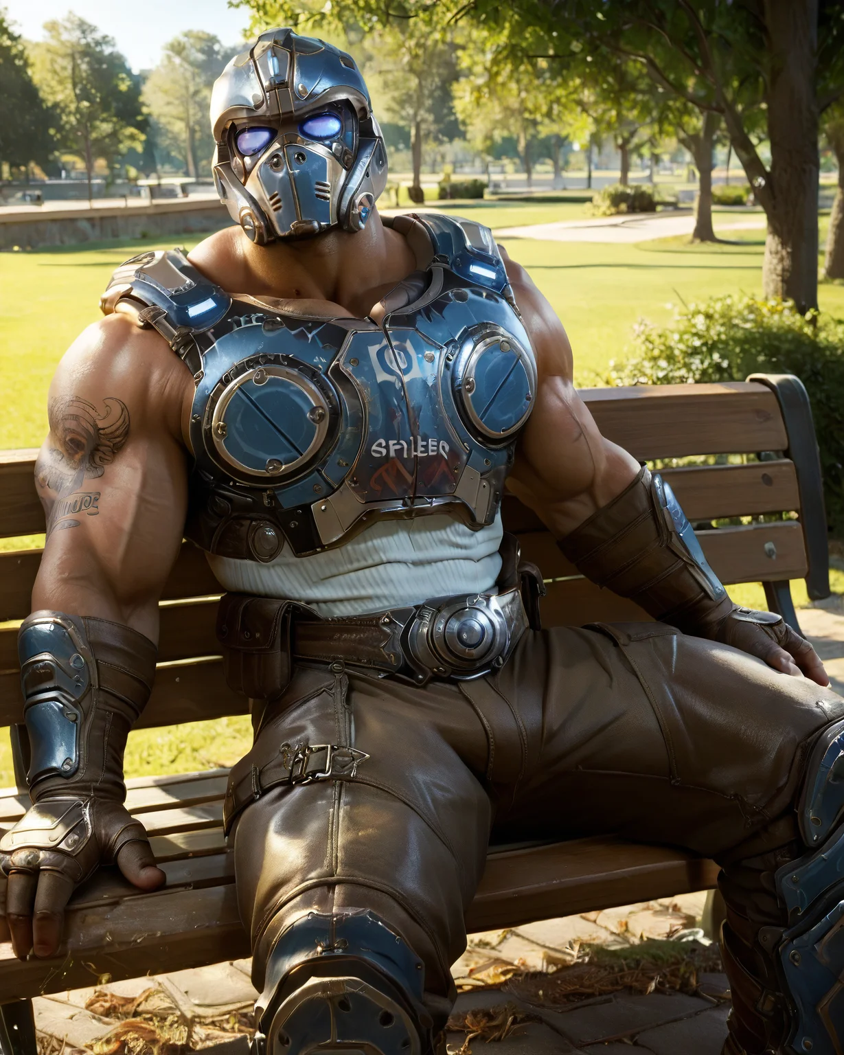 clayton_carmine, looking at viewer, armor, helmet, muscular, bara, tattoo, outdoor, park, trees, sitting on bench, looking at viewer, gloves, long pants <lora:Clayton_Carmine_PonyXL-10:0.95>, score_9, score_8_up, score_7_up, score_6_up,