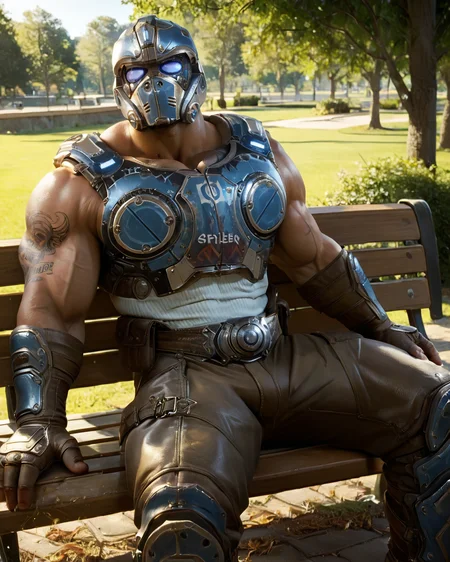 clayton_carmine, looking at viewer, armor, helmet, muscular, bara, tattoo, outdoor, park, trees, sitting on bench, looking at viewer, gloves, long pants <lora:Clayton_Carmine_PonyXL-10:0.95>, score_9, score_8_up, score_7_up, score_6_up,