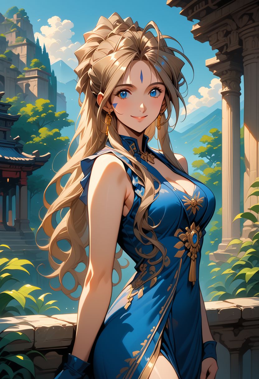 score_9, score_8_up, score_7_up, score_6_up, masterpiece, ultra detailed, best quality, source_anime, Expressiveh, BREAK, 1girl, smile, closed mouth, Belldandy, blue dress with a golden trim, blue fingerless gloves, jewelry, cleavage, sleeveless dress, earrings, ancient temple, fantasy setting, mountains, outdoors, marble pillars, day, forest, cowboy shot, delicate features