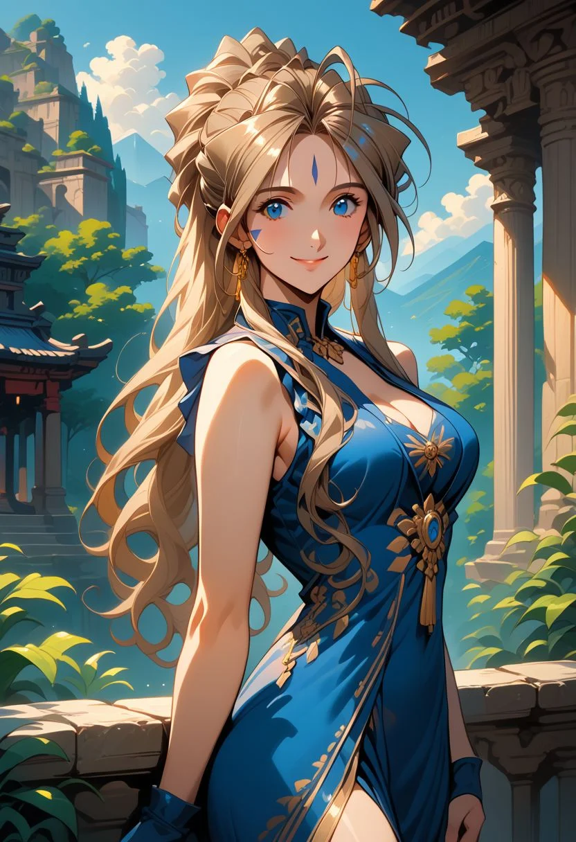 score_9, score_8_up, score_7_up, score_6_up, masterpiece, ultra detailed, best quality, source_anime, Expressiveh, BREAK, 1girl, smile, closed mouth, Belldandy, blue dress with a golden trim, blue fingerless gloves, jewelry, cleavage, sleeveless dress, earrings, ancient temple, fantasy setting, mountains, outdoors, marble pillars, day, forest, cowboy shot, delicate features