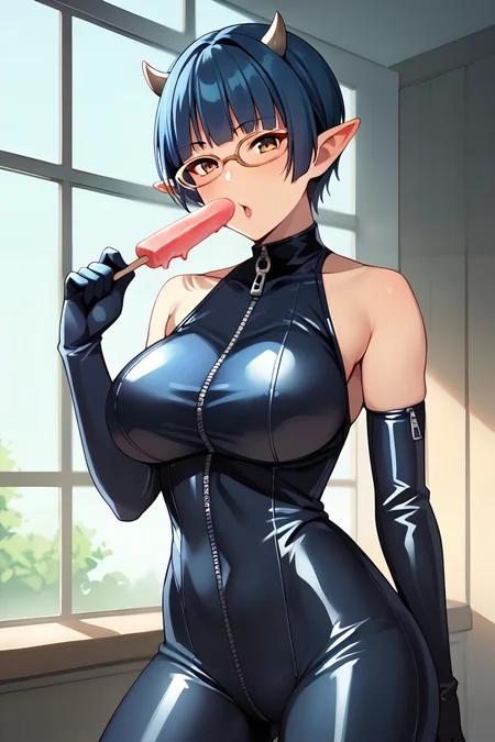 score_9, score_8_up, score_7_up, source_anime, 1girl, zPDXL2, <lora:sd_xl_dpo_lora_v1:1>, <lora:zenia:1>, zenia1, pointy ears, glasses, horns, short hair, blue hair, elbow gloves, zipper, bare shoulders, large breasts, latex bodysuit, bodysuit, ice cream, popsicle, sexually suggestive, looking at viewer, light blush, room, cowboy shot,