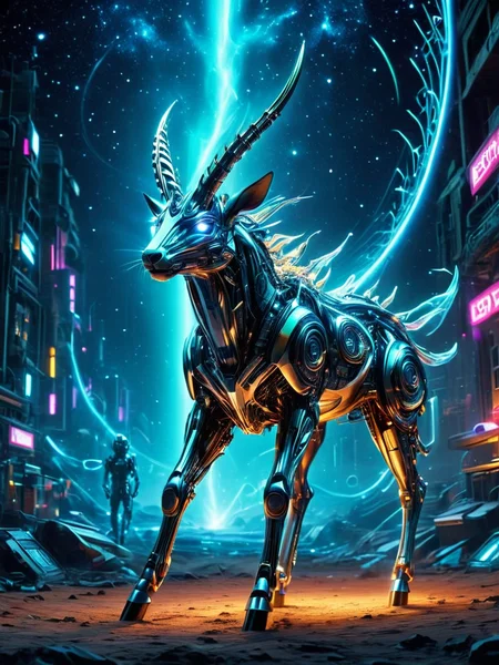 Psychedelic style A high definition epic photograph of (( A robotic Saiga Antelope with a flexible silicone snout embedded with air filtration systems, capable of purifying dust-filled air while its titanium legs use spring-loaded actuators for swift migrations., Wearing oversized glasses and pretending to be an alien interviewing humans about their strange customs at the local coffee shop, taking notes on napkins.)), Infront of Electromagnetic Dreamscape: Invisible energy fields transformed into shimmering environments. in the background.Moonlit Night Sky: Clear nights illuminated by a bright moon enhance visibility while providing beautiful scenery for stargazers and night owls alike.(dynamic:1.1), sun rays,, (taken by 7.5mm fisheye lens:1.1),shots showing emotions, shiny reflective metal, Mechanical elements, rainbow flare elements slightly.((Complex Machinery)) cyborg
= ((Vivid, HDR, Canon50, 8K, Hyper Realistic, Dramatic, Epic, Dynamic Contrast, Cinematic Lighting, increased brightness)) (((Zoomed Out, Far away Shot))) = =. Epic dynamic lighting . =vibrant, highly detailed, psychedelic
((Vivid, Epic, Dynamic contrast)) (((Zoomed out, Far away shot, In frame)),
<lora:juggernautXL_version6Rundiffusion:0.8>
<lora:glowneon_xl_v1:0.6> glowneon, glowing, sparks,
<lora:atlantysUltimanimeXL_atlasAtlantys:0.8><lora:epicrealismXL_v5Ultimate:0.8>
<lora:extremely_detailed:1> <lora:eyetune:1>
<lora:TransformersStyleXL:0.8> TransformersStyle <lora:SDXLFaeTastic2400:0.6> <lora:Dynamic Poses:0.8> <lora:crystalClearXL_ccxl:0.8>, - Generate images with sharp edges and fine details.
- Produce high-resolution images with no blurriness or distortions.
- Create images with clear and well-defined subjects.
- Ensure that the output images have crisp lines and distinct features.
- Generate images with vibrant colors and accurate tones.
- Avoid noise or artifacts in the generated images.
- Focus on producing clear textures and patterns in the images.
- Emphasize clarity and definition in all aspects of the generated images.
- Prioritize the sharpness and clarity of the main subjects in the images.
- Optimize the AI model to produce clear and visually appealing images., Wlop . Vibrant colors, swirling patterns, abstract forms, surreal, trippy