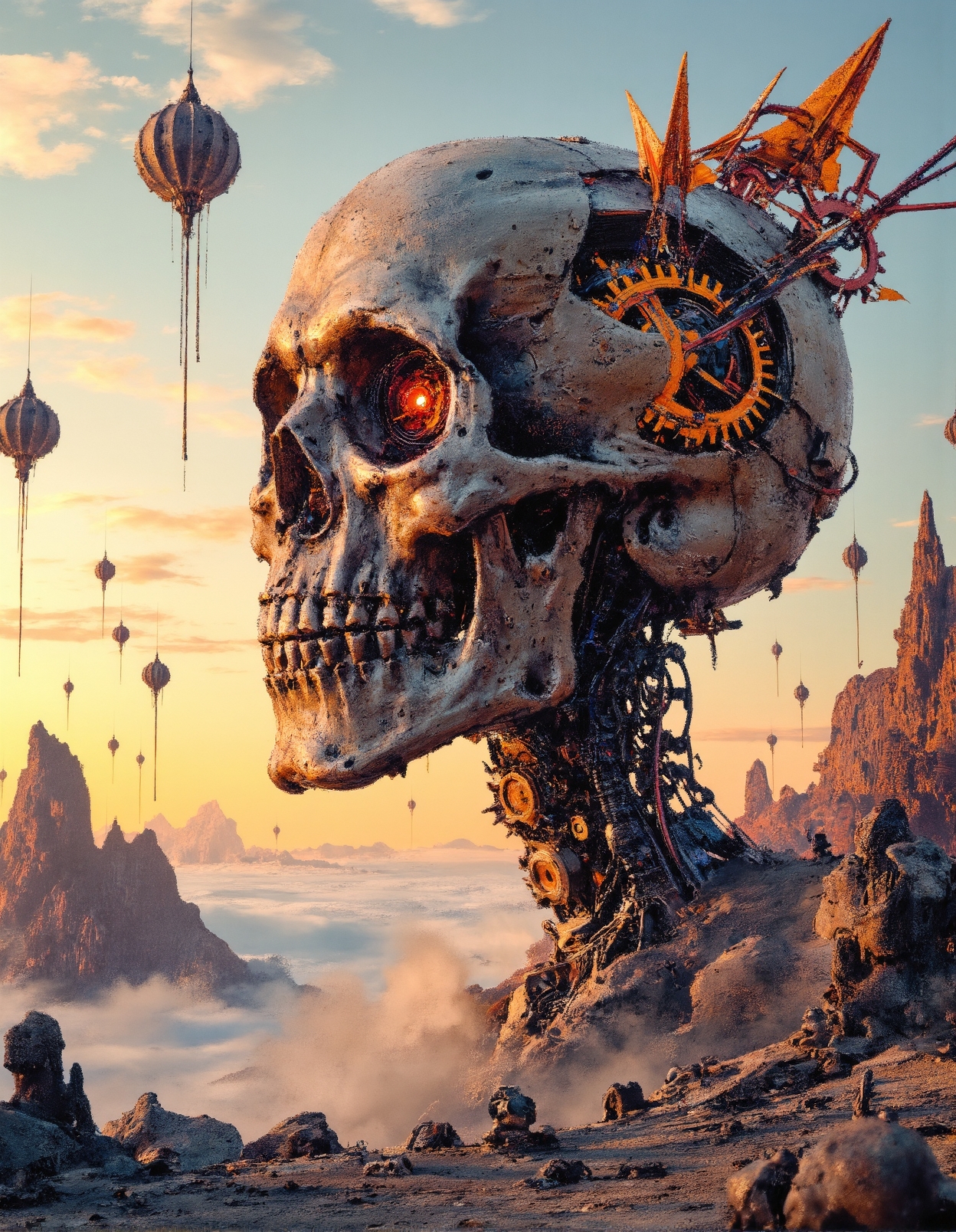 A hyper-detailed, futuristic biomechanical skull emerges from an ethereal, dreamlike landscape, meticulously constructed from interwoven gears, rotating cogs, and complex mechanical systems, seamlessly fusing with sharp crystalline peaks and floating geometric structures. The skull's intricate framework glows with warm amber and metallic hues, reflecting the surreal light of a sky transitioning between soft sunset gradients and deep cosmic blues. The background is populated with hanging polyhedral shapes, delicate spheres, and floating industrial elements suspended from near-invisible threads, as if part of an unseen cosmic machine. The ground is covered in a jagged terrain of abstract crystalline formations, with mist-like clouds weaving through the surreal mechanical dreamscape. This visually intricate masterpiece evokes a fusion of industrial steampunk and futuristic surrealism, presenting a world where organic decay is replaced by perpetual motion and celestial mechanics.
 <lora:aidmaHyperrealism-FLUX-v0.3:0.6> <lora:FluxDFaeTasticDetails:0.25> <lora:fechin-FLUX:0.75>