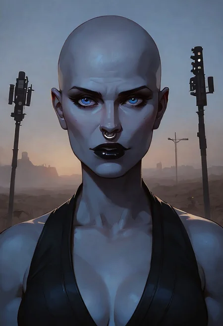 safe_pos, score_9, score_8_up, score_7_up, score_9, score_8_up, score_7_up, a rattataki female alien from star wars who is wearing a raider outfit, has a bald head, grey skin, blue eyes, the picture should look like an adult movie poster. Toned female, black lips, nose ring, in a wasteland, smooth bald head, showing off her tits, nsfw,
