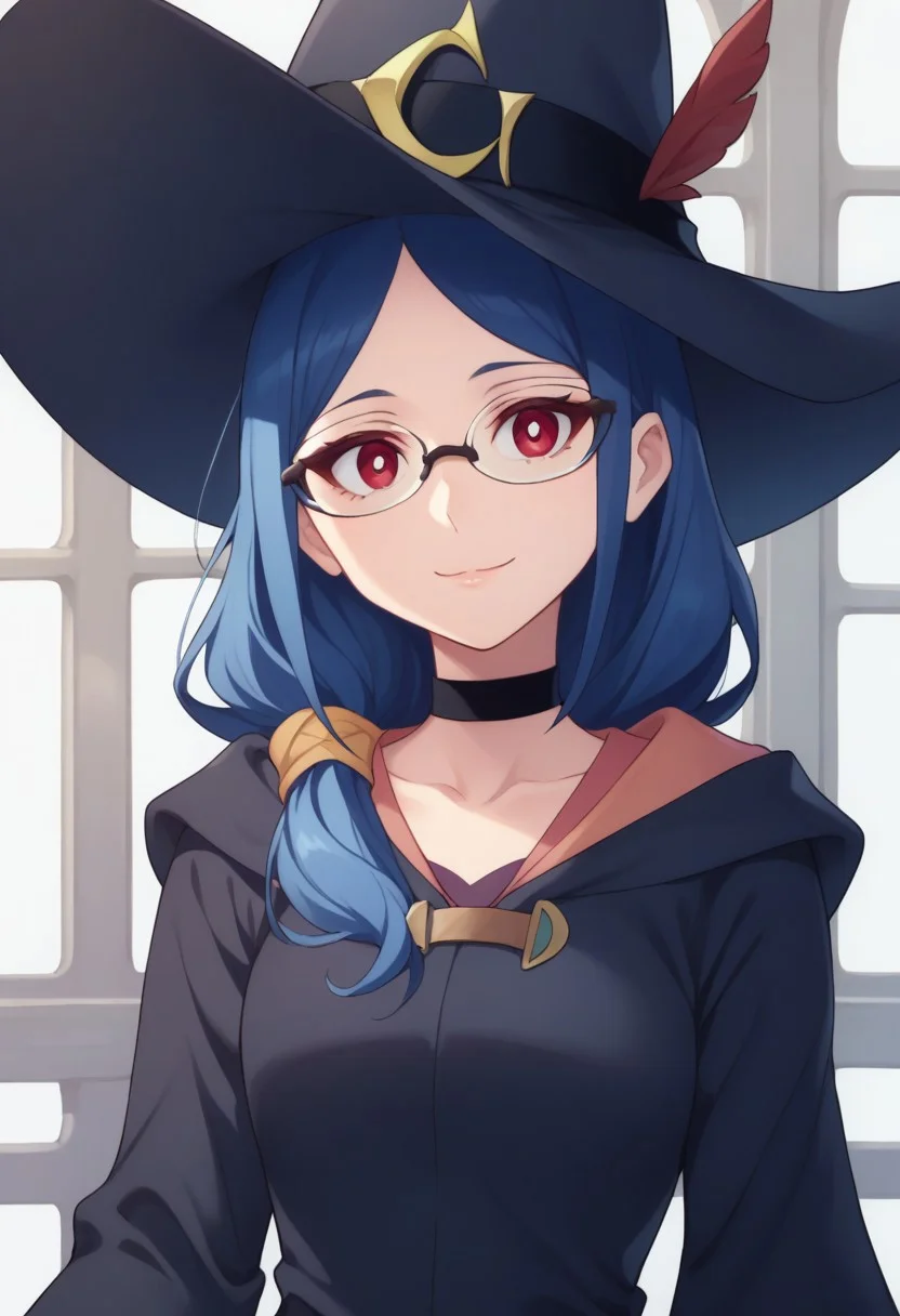 score_9, score_8_up, score_7_up, source_anime, highly detailed,
ursula, 1girl, solo, hat, witch hat, glasses, blue hair, witch, red eyes, smile,
looking at viewer, upper body, choker, standing, belt, long sleeves, dress, long hair, side ponytail, wide sleeves,