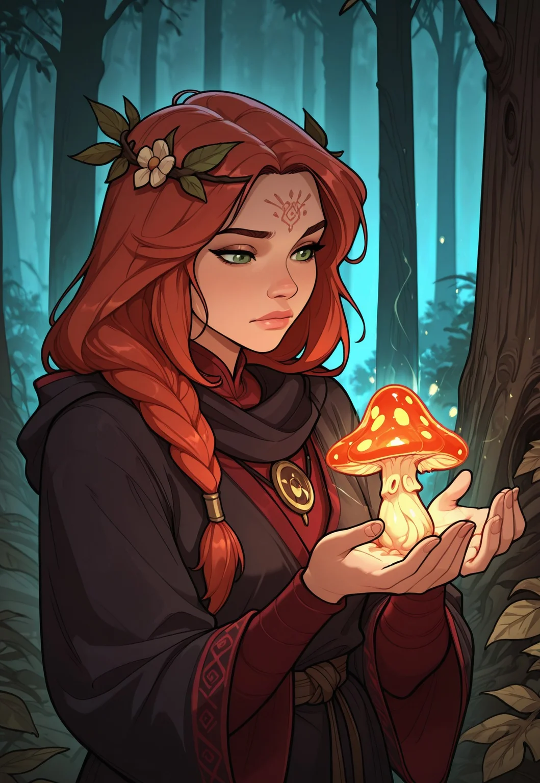 score_9, score_8_up, score_7_up, 1girl, solo, mystical druid, flowing robes with nature-inspired patterns and earthy tones, ancient wooden staff with carved runes and a glowing crystal at the top, long braided auburn hair adorned with flowers and leaves, realistic, cinematic angle, cinematic lighting, graceful body, wise face, deep green eyes, meditative pose
BREAK
standing in a sacred grove surrounded by ancient trees
BREAK
source_fantasy_art, rating_explicit, expressive, full body, elegant pose
BREAK
detailed beautiful background, enchanted forest with towering ancient trees and lush undergrowth, glowing mushrooms and luminescent plants, mystical creatures such as fairies and woodland spirits, distant mountains with waterfalls, serene atmosphere with a sense of harmony and magic
<lora:Expressive_H:0.6>Expressiveh, (SimplepositiveXLv1:1.3), (upper body, full clothed:1.85) ((masterpiece)) (ultra realistic, 32k, masterpiece:1.2), (high detailed skin:1.1), (high quality:1.1) (((full clothed))) <lora:DandonFuga_Style_v.2_-_Pony:0.8>
<lora:add-detail-xl:1>
<lora:Dynamic Poses:1>