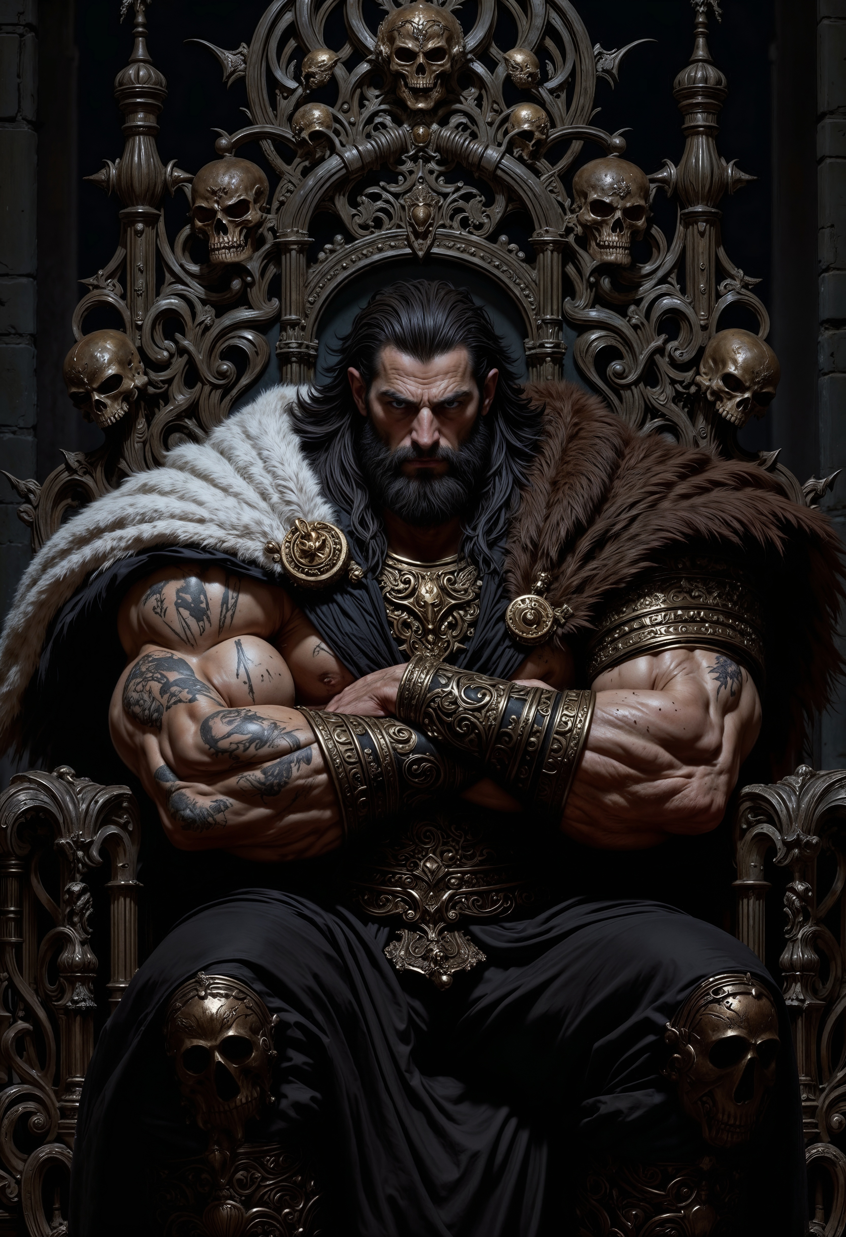 a muscular, bearded man with light skin sitting on a throne made of dark, twisted metal and skulls. He has long, dark hair and a stern expression, wearing a fur cloak and leather armor adorned with intricate patterns. His arms are crossed, showcasing his muscular build and tattoos. The background is dimly lit, enhancing the ominous atmosphere.