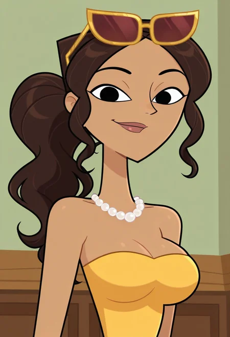 masterpiece,best quality,amazing quality, 1girl, solo, Riya_DC_IL, light brown skin, black eyes, long hair, dark brown hair, wavy hair, ponytail, lips, gold sunglasses on the head, white pearl necklace, yellow strapless top, looking at viewer, indoors, room background, (portrait) smile, standing, no pupils