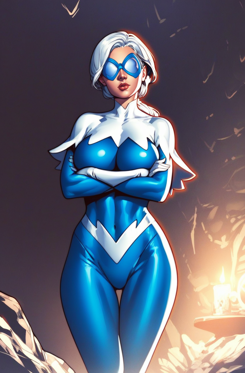 score_9, score_8_up, score_7_up, score_6_up, masterpiece, high quality, perfect face, perfect eyes, Dawn, 1girl, solo, long hair, white hair, blue eyes, ponytail, blue goggles, polarized lenses, mirrored lenses, white gloves, halterneck, blue bodysuit, knee boots, cape, dark, indoors, night, nighttime, underground cave, looking at viewer, wide hips, large breasts, large ass, arms crossed, crossed arms
<lora:DawnGranger-100reps:1>