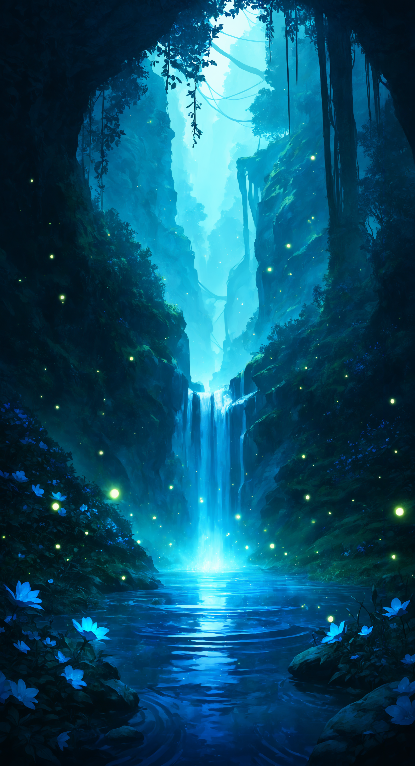masterpiece, best quality, good quality, very aesthetic, absurdres, newest, flower, outdoors, water, tree, no_humans, leaf, grass, plant, scenery, nature, light_particles, blue_flower, reflection, forest, rock, vines, ripples, waterfall, landscape, lake, cliff, cave, reflective_water, fireflies <lora:ponyv4_noob1_2_adamW-000017:0.7> <lora:USNR_STYLE_XL_lokr:0.45>