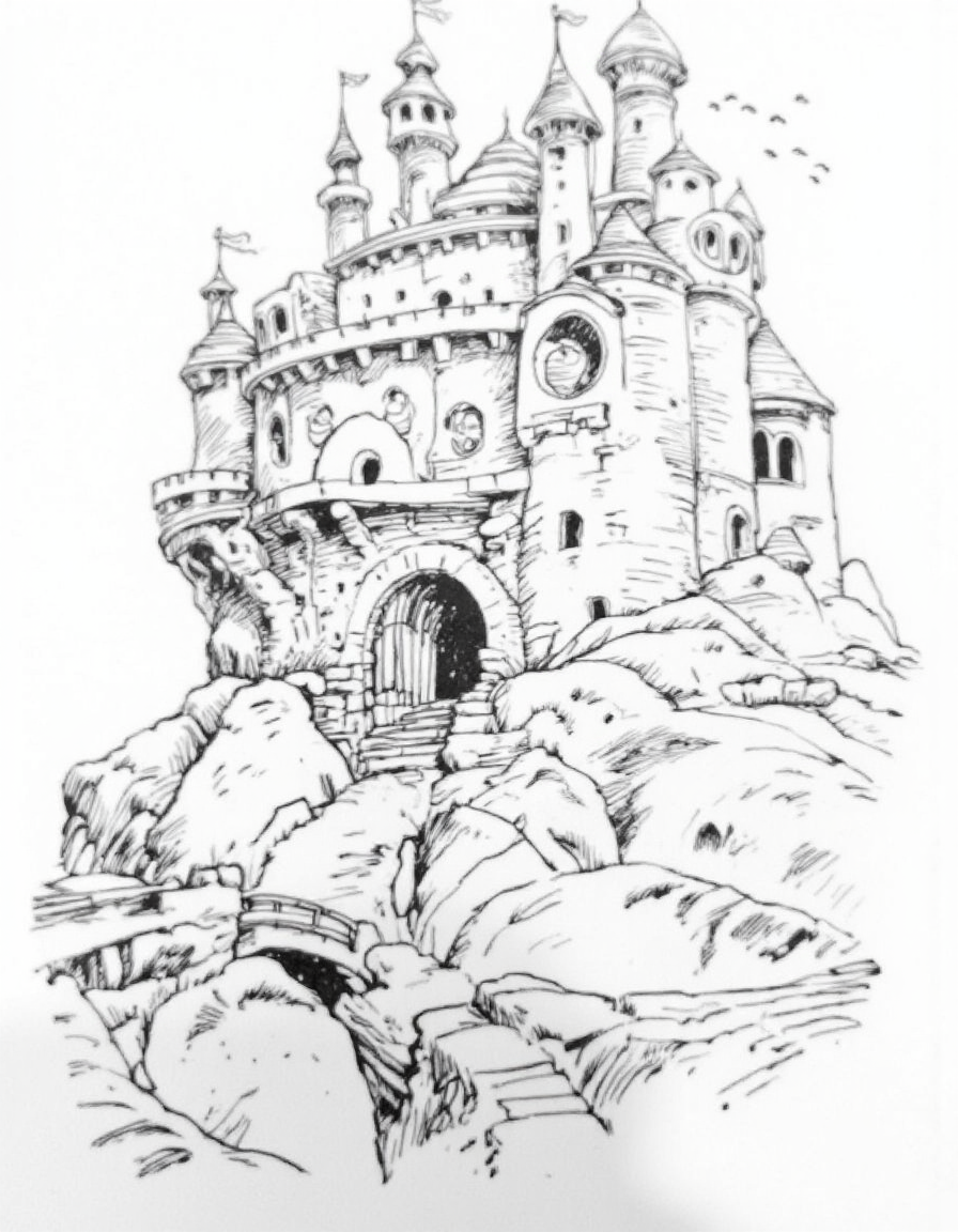 <lora:mig3:1>, This is a black and white drawing, created in a traditional hand-drawn style with ink, depicting a fantastical castle perched atop a rocky outcrop. The castle features multiple towers with conical roofs, each crowned with a small spire. The towers are connected by arched walkways and balconies, adding to the castle's medieval charm. The structure is detailed with intricate stonework, including circular windows and arched doorways., 
The castle's walls are textured with rough, uneven lines, suggesting a rugged, weathered appearance. The rocky outcrop beneath the castle is depicted with rough, jagged lines, emphasizing its natural, untamed surroundings. A small bridge spans the gap between the castle and the rocky base, leading to a doorway that appears to be the main entrance., 
The background is minimal, with a few faintly sketched birds flying in the sky above the castle. The drawing is done with a combination of fine lines and bold, expressive strokes, giving the image a dynamic and somewhat whimsical feel. The overall style is reminiscent of medieval fantasy art, with a focus on intricate detail and imaginative design.