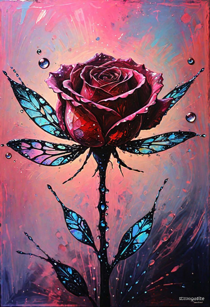 (Impressionism: 1.5), (abstract acrylic painting), macro photo, sparkling magical fantasy glass rose dewdrop, dragonfly on the rose, very detailed, amazing quality, intricate, cinematic light, highly detail, beautiful, surreal, dramatic, galaxy fantasy colors, realism, modern art, abstraction, absurdity, acrylic painting on canvas, (silhouette in strokes: 1.6)