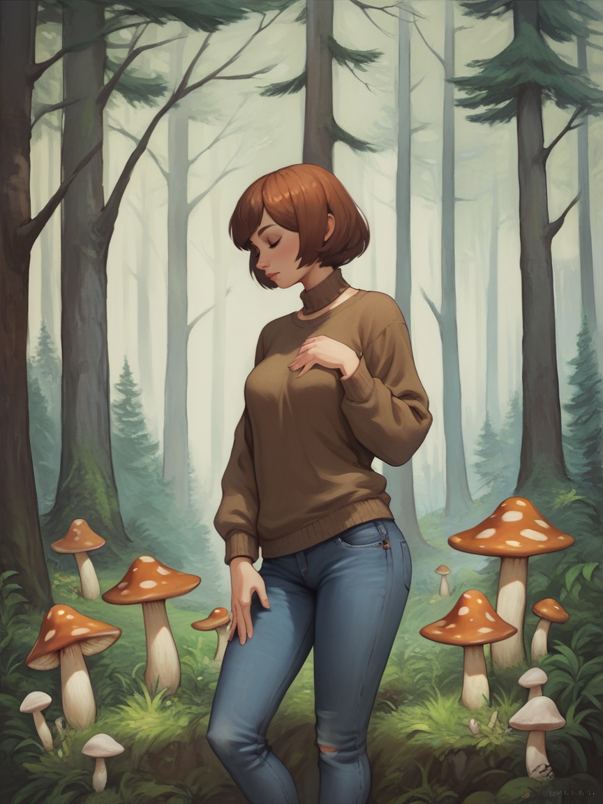 score_9. score_8_up, score_7_up, score_6_up, score_5_up, score_4_up,  <lora:3m1lyc4rrXLP:0.5> 3m1lyc4rr, forest, 1girl, mushroom, jeans, sweater
