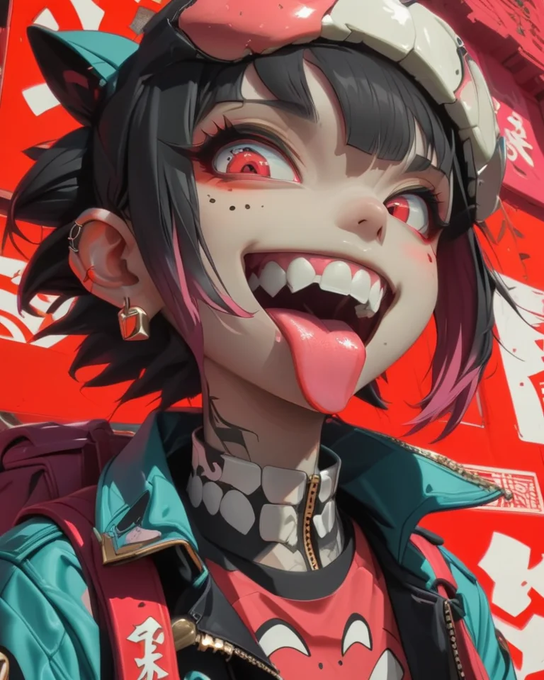 <lora:add-detail-xl:0.3>
<lora:Punk_Anime_XL:1>, intricate details,
1girl, bag, bangs, black hair, choker, close-up, ear piercing, earrings, facial mark, food on face, jacket, long sleeves, male focus, open mouth, pink hair, red background, red eyes, saliva, serafuku, serious, sharp teeth, smile, solo, tattoo, teeth, tinted eyewear, tongue out