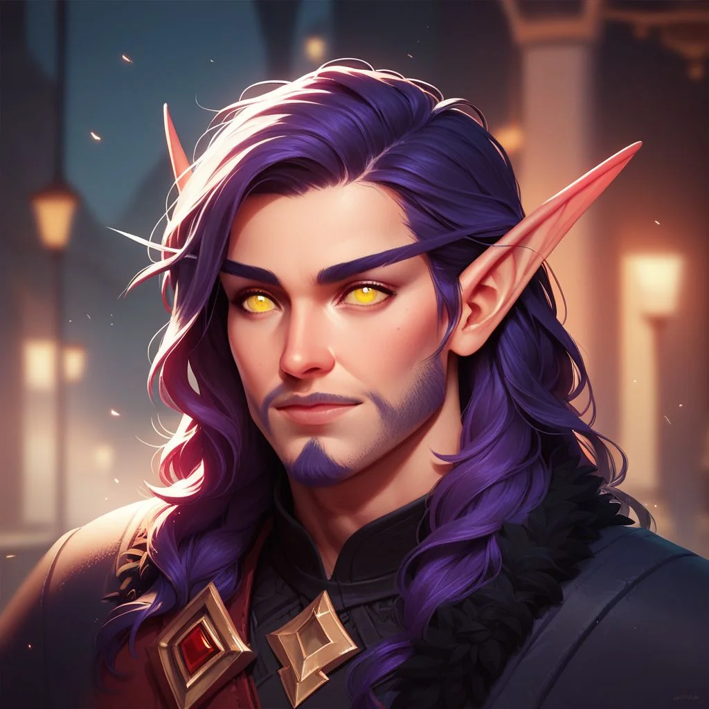 score_9, score_8_up, 8, score_7_up, score_6_up, (dynamic lighting:1.1), ((masterpiece)), solo, portrait,
(((beautiful, hyper realistic, high quality))), portrait, score_9, score_8_up, score_7_up,
Elf, Pointed ears, Long eyebrows, 1boy, purple long hair, beard, yellow eyes, Fantasy black mantle,
fantasy background, blurred background