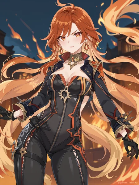 score_9, score_8_up, score_7_up, source_anime, 1girl, mavuika \(genshin impact\), earrings, black bikesuit, black gloves, shrug \(clothing\), metal collar, depth of field, cowboy shot, fire, combat pose, incoming attack, glaring, looking at viewer <lora:Char-Genshin-Mavuika-V1-Pony:1>