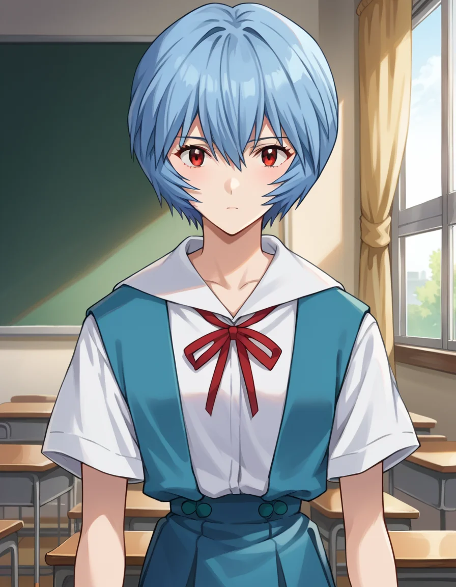 score_9, score_8_up, score_7_up, source_anime, reiayanami, <lora:rei-ayanami-ponyxl-lora-nochekaiser:1>, rei ayanami, blue hair, short hair, red eyes, skirt, shirt, ribbon, school uniform, white shirt, short sleeves, red ribbon, neck ribbon, tokyo-3 middle school uniform, indoors, classroom, looking at viewer, cowboy shot, dutch angle, dynamic pose,