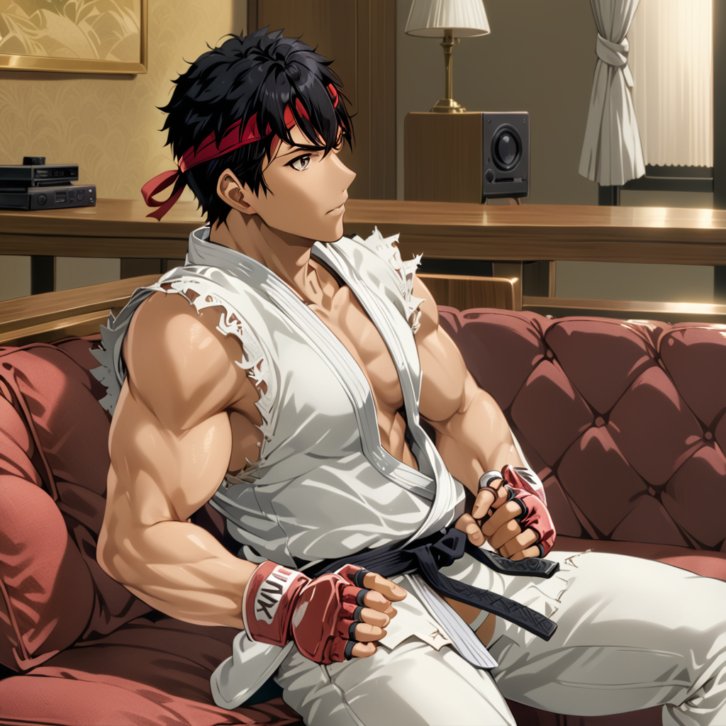 RyuSFXL, 1boy, sitting on couch,  <lora:RyuSFXL:1.1>, white gi, red headband, watching tv, (anime, masterpiece, intricate:1.3), (best quality, hires textures, high detail:1.2), (4k),(incredibly detailed:1.4),UHD, 8K, ultra detailed