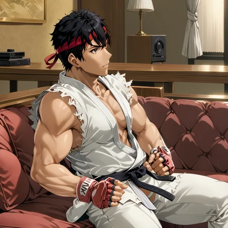 RyuSFXL, 1boy, sitting on couch,  <lora:RyuSFXL:1.1>, white gi, red headband, watching tv, (anime, masterpiece, intricate:1.3), (best quality, hires textures, high detail:1.2), (4k),(incredibly detailed:1.4),UHD, 8K, ultra detailed