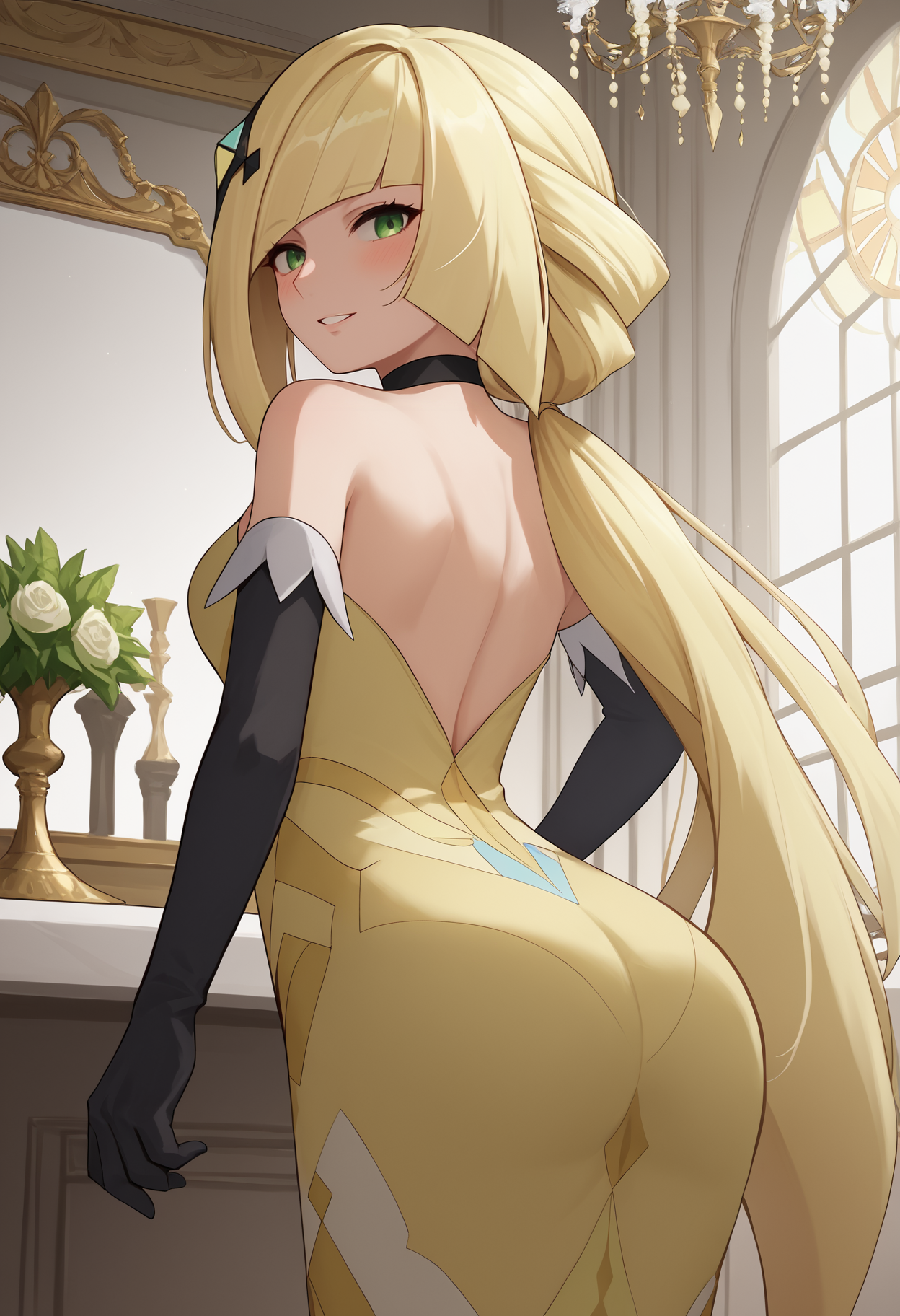 score_9, score_8_up, score_7_up, source_anime BREAK 1girl, solo, <lora:lusamine-pokemon-richy-v1_pdxl:1> lsmnsyg, green eyes, blonde hair, very long hair, ponytail, hair ornament, bangs, black choker, yellow dress, halterneck, black gloves, elbow gloves, standing, from behind, ass, looking at viewer, looking back, parted lips, blush, indoors, chandelier, smile