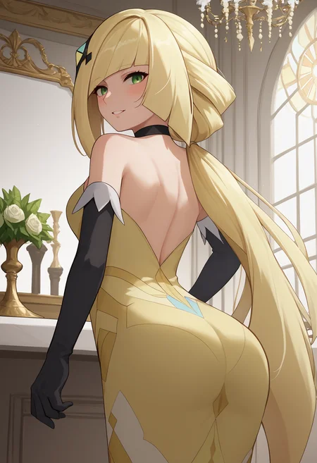 score_9, score_8_up, score_7_up, source_anime BREAK 1girl, solo, <lora:lusamine-pokemon-richy-v1_pdxl:1> lsmnsyg, green eyes, blonde hair, very long hair, ponytail, hair ornament, bangs, black choker, yellow dress, halterneck, black gloves, elbow gloves, standing, from behind, ass, looking at viewer, looking back, parted lips, blush, indoors, chandelier, smile