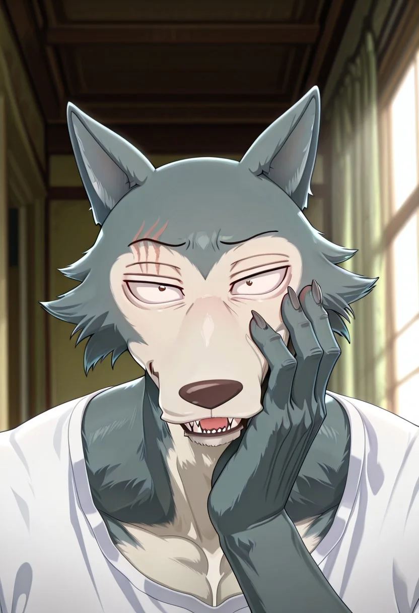 masterpiece, best quality, amazing quality,
Legoshi, anthro, wolf, beastars, scar on right brow, mature male, animal ears, grayish blue fur, brown eyes, smug expression, upper eyelid half closed, smug, sharp teeths, sharp fangs,
blurry background, volumetric lighting, smug grin, open eyes, 1boy, solo, male focus, mature male, looking at viewer, simple background, evil grin, head focus, portrait, detailed head, broad shoulders, muscle chest, white shirt, smug head, a hand on his face