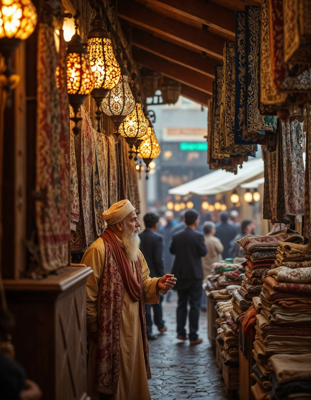 A cinematic scene of a Persian salesman standing proudly at his market stall, surrounded by the rich textures and colors of Persian craftsmanship. He wears a flowing traditional Persian gown, its fabric subtly embroidered with intricate patterns, and a matching headpiece. His long, white beard adds to his dignified presence, and his deep-set eyes reflect wisdom and years of experience in the trade.
His stall is overflowing with Persian rugs, each meticulously woven with elaborate floral and geometric motifs, draped over wooden racks and stacked in neat piles. The soft, warm glow of Persian-style lamps, suspended from the stall’s wooden beams, casts golden hues over the scene. Their stained glass mosaics and filigree metalwork create intricate patterns of light and shadow, enhancing the atmosphere with an inviting, almost mystical charm.
In the background, blurred figures of market-goers move through the bustling bazaar, their silhouettes adding depth and life to the setting. The air is thick with the scent of spices, incense, and aged fabric. The salesman gestures toward his rugs, his hands expressive as he engages with a potential customer, offering a glimpse into a timeless world of Persian trade and tradition.