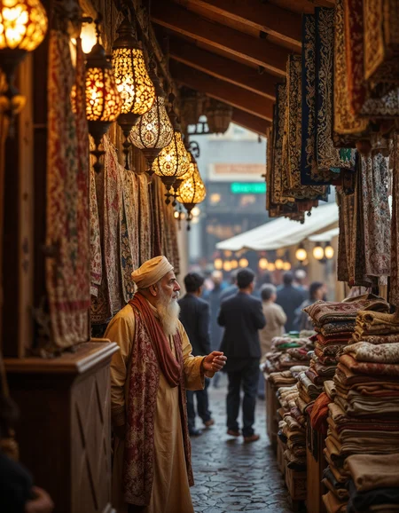 A cinematic scene of a Persian salesman standing proudly at his market stall, surrounded by the rich textures and colors of Persian craftsmanship. He wears a flowing traditional Persian gown, its fabric subtly embroidered with intricate patterns, and a matching headpiece. His long, white beard adds to his dignified presence, and his deep-set eyes reflect wisdom and years of experience in the trade.

His stall is overflowing with Persian rugs, each meticulously woven with elaborate floral and geometric motifs, draped over wooden racks and stacked in neat piles. The soft, warm glow of Persian-style lamps, suspended from the stall’s wooden beams, casts golden hues over the scene. Their stained glass mosaics and filigree metalwork create intricate patterns of light and shadow, enhancing the atmosphere with an inviting, almost mystical charm.

In the background, blurred figures of market-goers move through the bustling bazaar, their silhouettes adding depth and life to the setting. The air is thick with the scent of spices, incense, and aged fabric. The salesman gestures toward his rugs, his hands expressive as he engages with a potential customer, offering a glimpse into a timeless world of Persian trade and tradition.