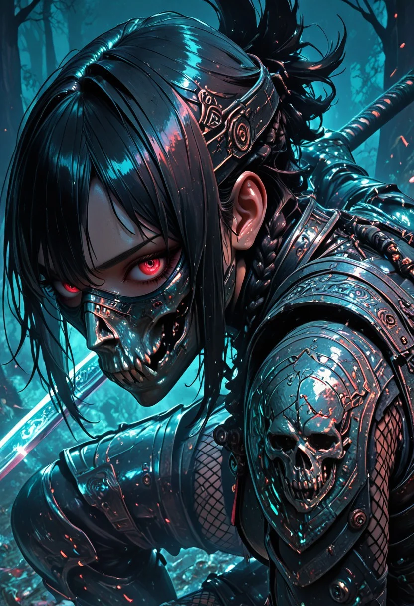 (masterpiece), (best quality), (8k), 1girl, cinematic lighting, dynamic action pose, highres, very detailed, amazing quality, masterpiece, fujimoto_tatsuki, fujimoto_tatsuki_(style), 
very aesthetic, intense,
particle effect,
1girl, samurai, solo, braided hair, layered samurai armor, engraved, bodysuit, tight clothing, fishnets, sleeveless, futuristic armor, runic symbols etched in armor, armored legs, full mask, halfmask, katana, red eyes, skulls, 
assassin theme, japan theme,
looking at viewer, tough pose, holding spear,
mountains, 
at night, night, close up, closeup,