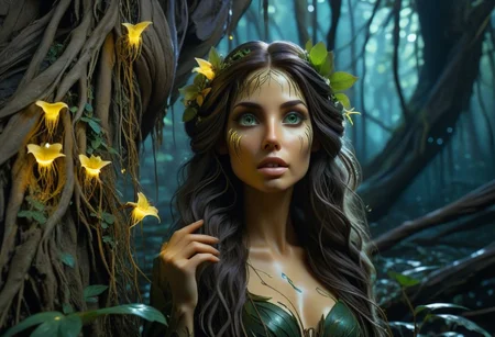 A picture of a beautiful Forest Nymph, her hair made of tree branches, long and hang down like the Weeping Willow, her skin resembles the texture of tree bark, she has Ivy vines to cover her Un-mentions, beautiful facial features, bright green almond shaped eyes, she is leaning her head  agents a dyeing tree, she is hugging the tree, starring at the camera, the Butter Tree yellow butter is dripping on the ground, peaking out of the forest is a Grim Reaper in the background, in the mid-ground is a dark bio-luminescent fairy forest with glowing mushrooms, Background concept for the movie “Avatar”, bioluminescent forest, alien planet, beautiful landscape, alien plants, Focused lights, whimsical fairytale, psychedelic trip, sharp focus on subject, 3D effect in the background, realizume,