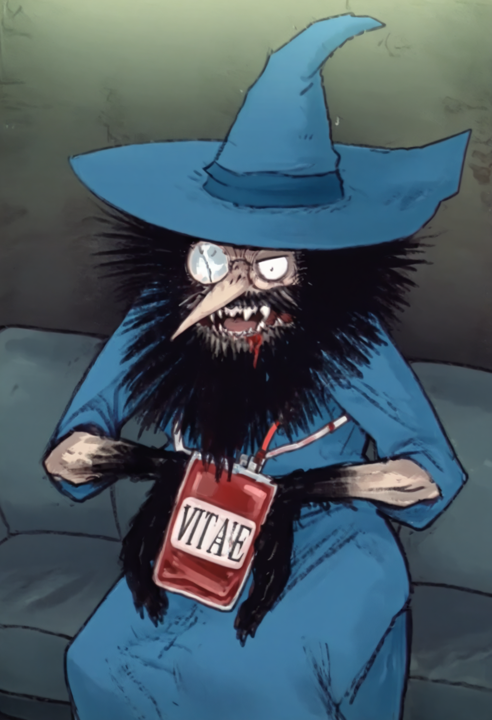 official style, anime coloring, masterpiece,best quality, amazing quality,anime-style Illustration,1man, vampire, kevinHP, wizard hat, black beard, black hair, fangs, robe, holding a transfusion blood bag,   <lora:KevinHP_V.01-000025:1>, black hands, black claw,