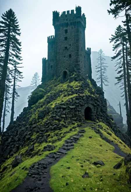 <lora:TheWeirdies_epoch_10:0.78>, epiCPhotoGasm-colorfulPhoto , advntr ,
score_9, score_8_up, score_7_up, score_6_up
Durlag's Tower was a large tower that was said to be haunted by a powerful entity, as well as one that housed immeasurable treasure. ((game of thrones aesthetic)), The fortress was located south of the Wood of Sharp Teeth, a couple of miles from the small settlement of Gullykin. The tower was built entirely of volcanic stone and was in fair condition given the amount of time and neglect involved. It laid atop a volcanic plug that dominated the surrounding lands. Durlag Trollkiller, aided by hired dwarves, was said to have hollowed out the mountain for the rock that made up his tower and used the space created to hide further treasure. (((massive hairy chode))), son of Bolhur the Clanless, a dwarven hero said to have amassed a large quantity of treasure and stored it here and in a few other locations. This treasure was protected by all manner of magical wards and mechanical traps, the latter of Durlag's own devising. Many adventurers sought his treasure over the decades, with varying degrees of success. Around 1372 DR, rumors said a fiend had taken up residence within the remains of the tower and used the defenses created by Durlag to keep both itself and the treasure safe. Some claimed that this creature was a lich.
no humans
((massively large tower fortress, dark woods surround, built of volcanic stone, mountain, dark))