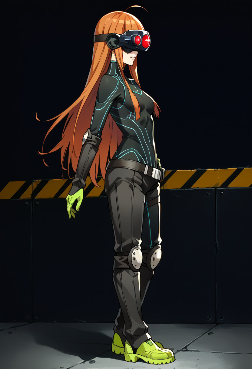 score_9, score_8_up, source_animem
1 girl, solo, cute face,
p5futaba, sakura futaba, long hair, glasses, blunt bangs, orange hair, ahoge
p5futaba-oracle, black bodysuit, head-mounted display, goggles, gloves, green gloves, belt, knee pads, green footwear, neon trim,
laboratory, standing, looking at viewer, from side,
masterpiece, best quality, ultra detailed,