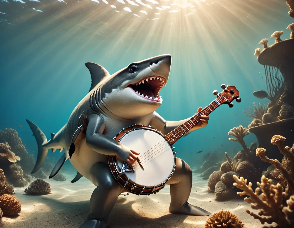 cinematic still musicianlora, shark playing banjo . emotional, harmonious, vignette, 4k epic detailed, shot on kodak, 35mm photo, sharp focus, high budget, cinemascope, moody, epic, gorgeous, film grain, grainy, musicianlora, shark playing banjo, deep focus, beautiful, highly detailed, dramatic light, intricate, elegant, sharp detail, cinematic, unique, mystical, scenic, artistic, best, fair, sunny, thoughtful, professional, winning, smart, color, illuminated, clear, perfect, vivid, shiny, colorful, strong, bright, iconic, pretty, attractive