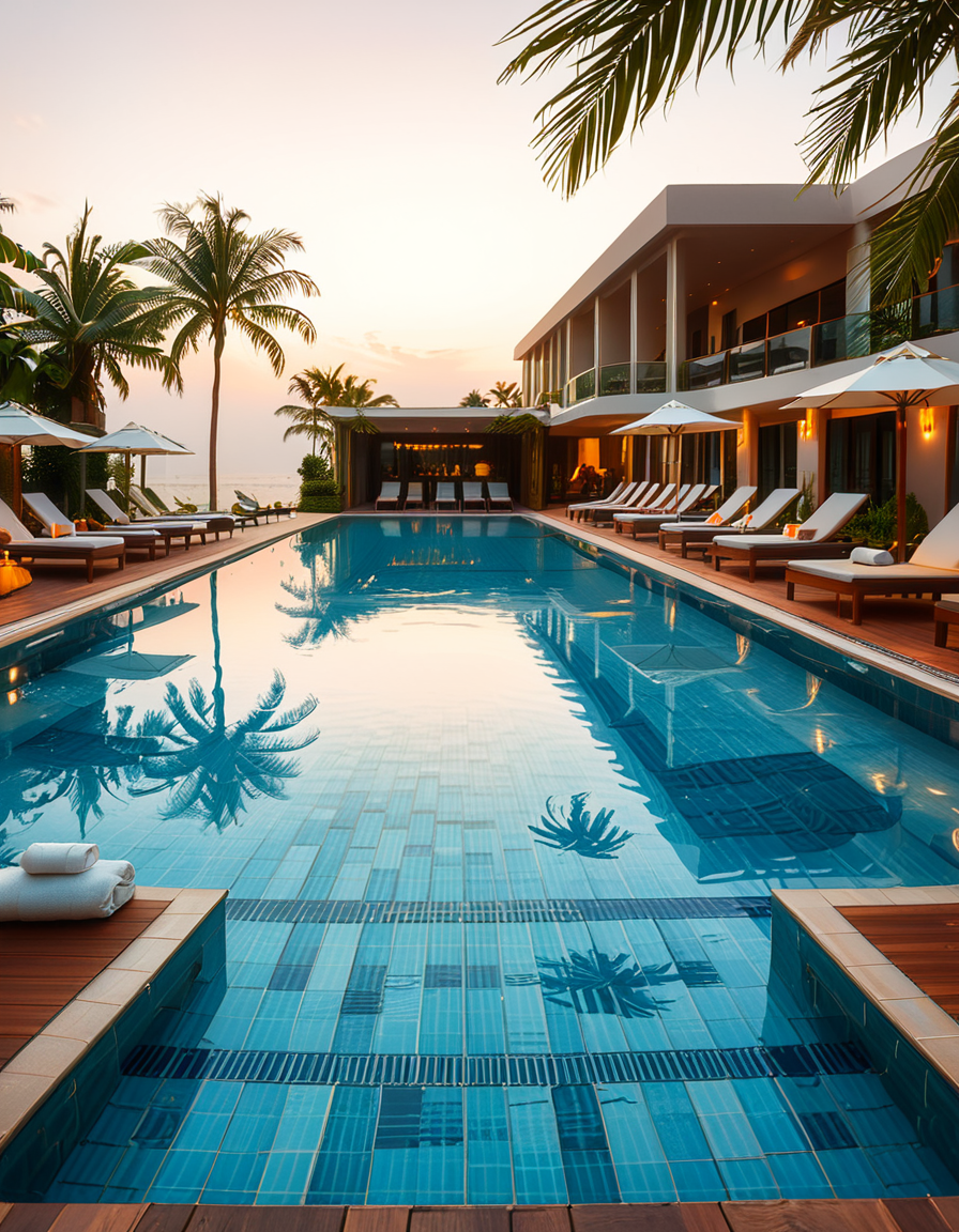 A luxurious hotel swimming pool at sunset, surrounded by elegant lounge chairs and palm trees. The crystal-clear water reflects the warm hues of the sky, creating a serene and inviting atmosphere. The pool has an infinity edge overlooking a breathtaking ocean view, with soft ambient lighting enhancing the tranquil mood. The surrounding area is immaculately maintained, with neatly arranged sunbeds, stylish umbrellas, and a sleek modern poolside bar in the background. The scene is captured in ultra-high resolution, with photorealistic details emphasizing the shimmering water, the textures of the pool tiles, and the gentle movement of palm leaves in the evening breeze.
<lora:SDXLFaeTastic2400:0.4> <lora:extremely_detailed:0.4> extremely detailed, <lora:hotel_sw1mm1ng_p00l:1>,hotel sw1mm1ng p00l, Masterpiece,best quality,hi res,8k,hi res,8k,award winning,(sharp focus, intricate, highly detailed),