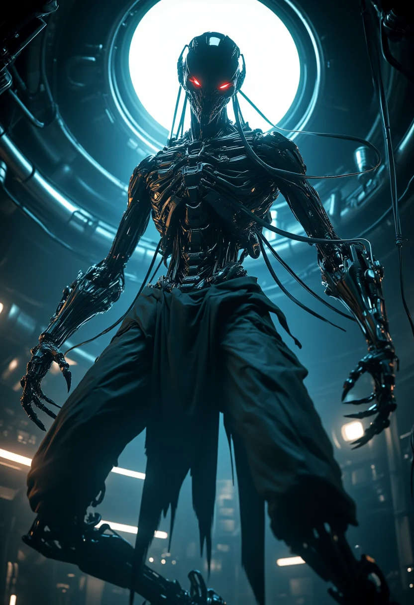 A high-quality CGI image of a menacing futuristic robot with glowing red eyes standing in a dimly lit metallic spaceship interior. The robot's design is sleek and menacing with exposed wires and mechanical parts. The background features a large circular light fixture casting a cold eerie glow. The perspective is low-angle emphasizing the robot's imposing presence. The atmosphere is tense and sci-fi with a focus on advanced technology and danger <lora:- Flux1 De-Distilled - the_edgy_mech_1.0:0.8>