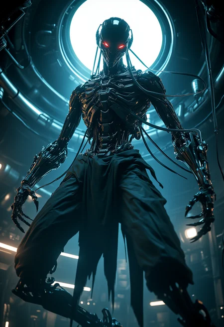 A high-quality CGI image of a menacing futuristic robot with glowing red eyes standing in a dimly lit metallic spaceship interior. The robot's design is sleek and menacing with exposed wires and mechanical parts. The background features a large circular light fixture casting a cold eerie glow. The perspective is low-angle emphasizing the robot's imposing presence. The atmosphere is tense and sci-fi with a focus on advanced technology and danger <lora:- Flux1 De-Distilled - the_edgy_mech_1.0:0.8>