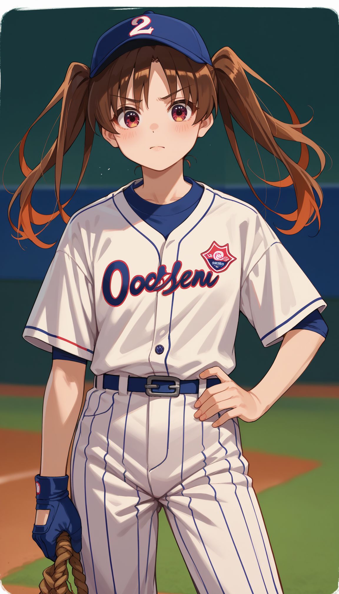 score_9, score_8_up, score_7_up, source_anime,
 <lora:Ootsuki Yoyoko:0.9> ootsuki_yoyoko, 1girl, , long hair, brown hair, twintails, wearing a baseball uniform in black color